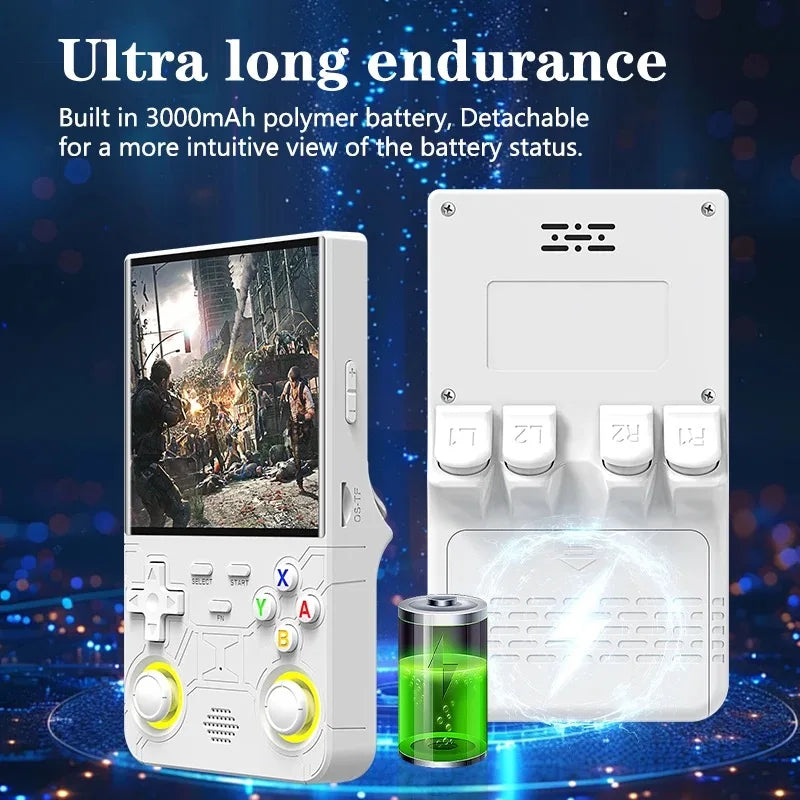 Handheld gaming console with battery pack and 3000mAh battery indicator on a dark background