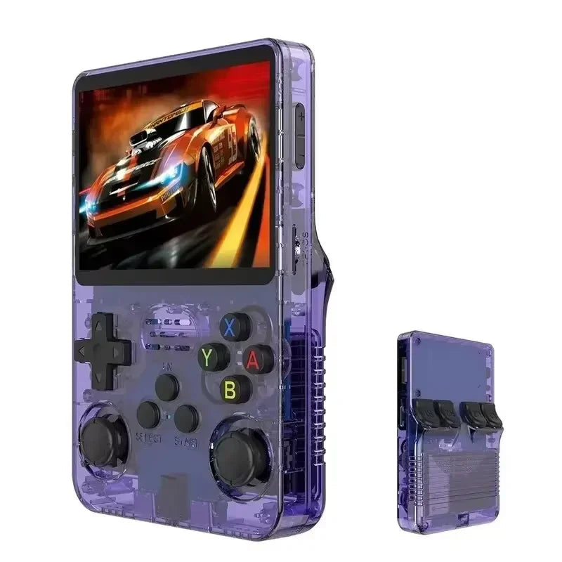 Purple handheld gaming console with screen displaying a car game, on a white background.