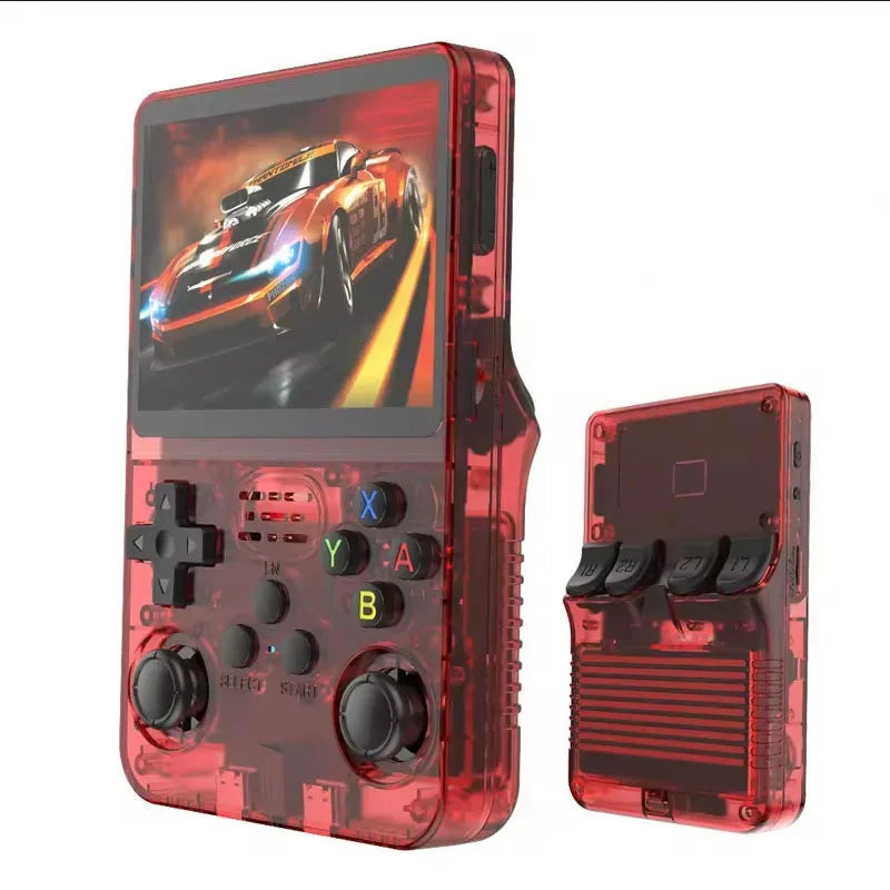 Red handheld gaming console with transparent design on a white background
