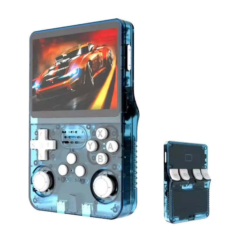 Lake Blue handheld gaming console with screen displaying a racing game.