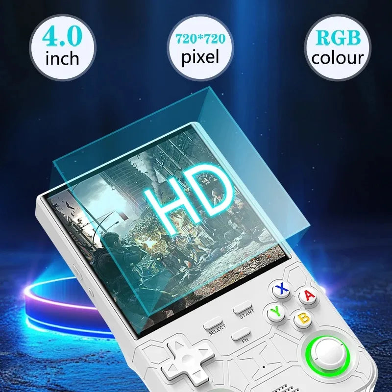Handheld gaming console with screen displaying 'HD' text, surrounded by specifications on a dark background.