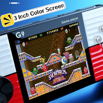Handheld game console with a colorful game displayed on a 3-inch color screen.