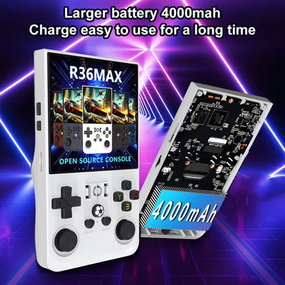 Handheld game console with 4000mAh battery and open-source console features on a vibrant background.
