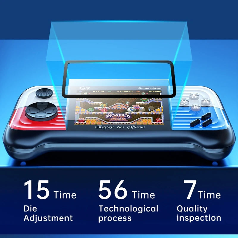 Handheld gaming console with screen magnification feature on a blue background