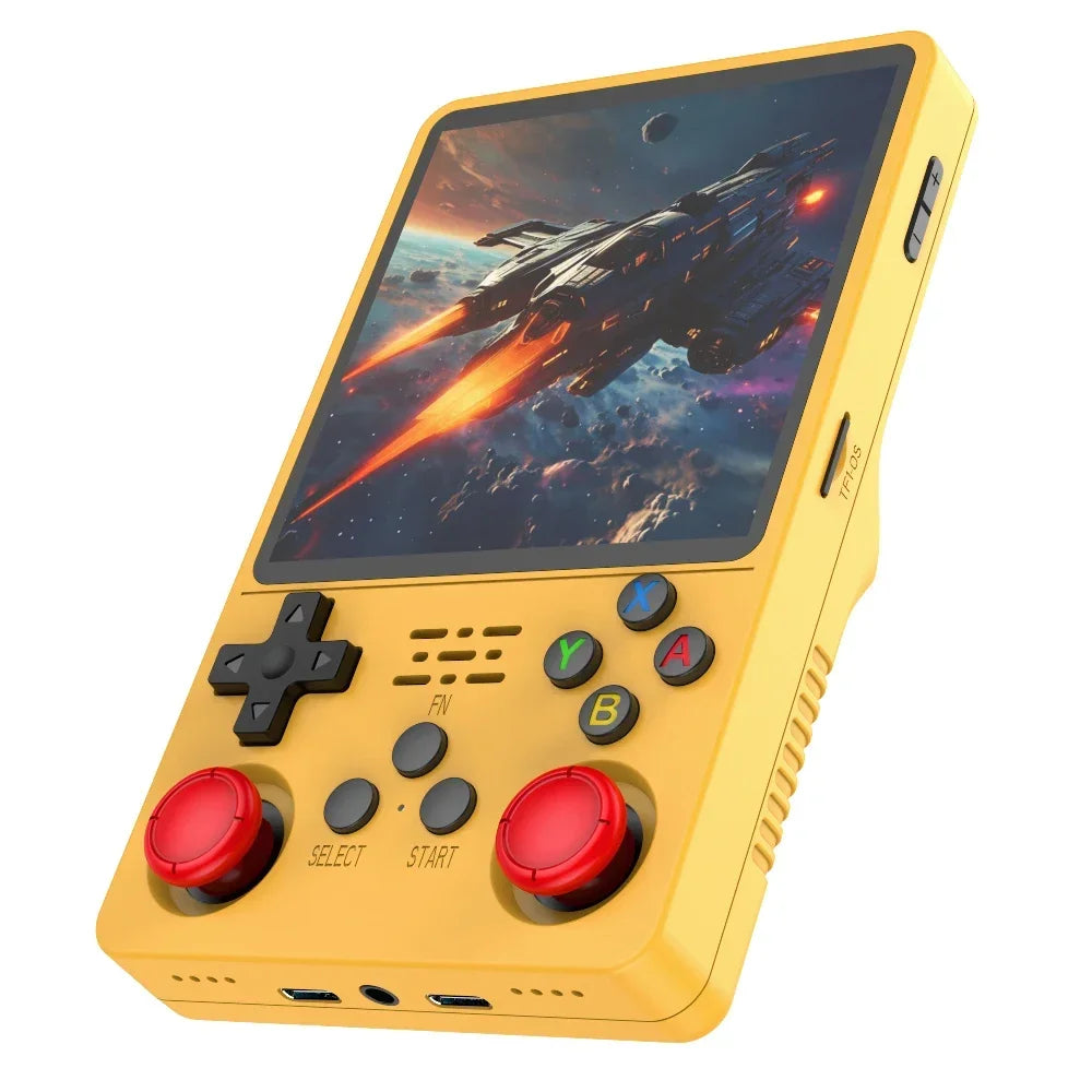 Yellow handheld gaming console with a space-themed game on screen