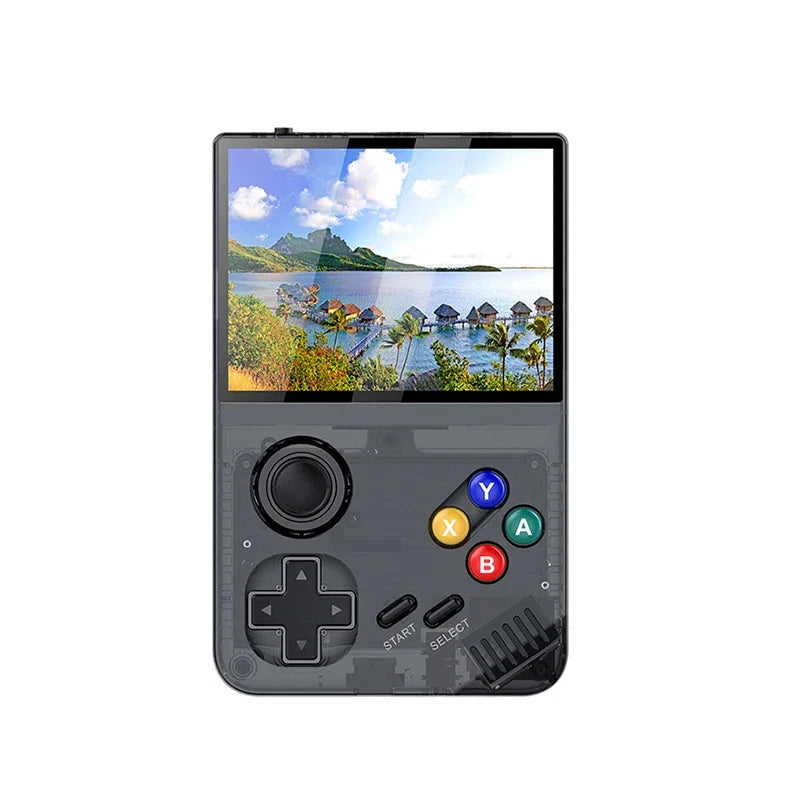 Handheld gaming console with a screen displaying a scenic view on a white background