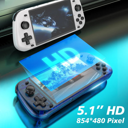 Handheld gaming console with a screen displaying a game, on a reflective surface.