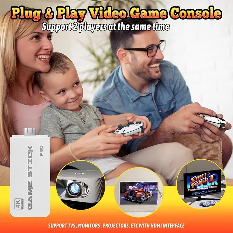 Family playing video games with a Game Stick Pro device, surrounded by gaming graphics and text.