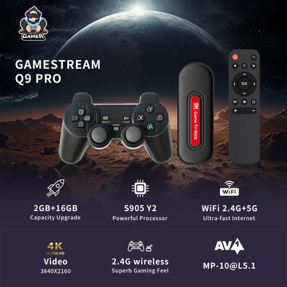 Gamestream Q9 Pro gaming device with controller and remote on a space-themed background