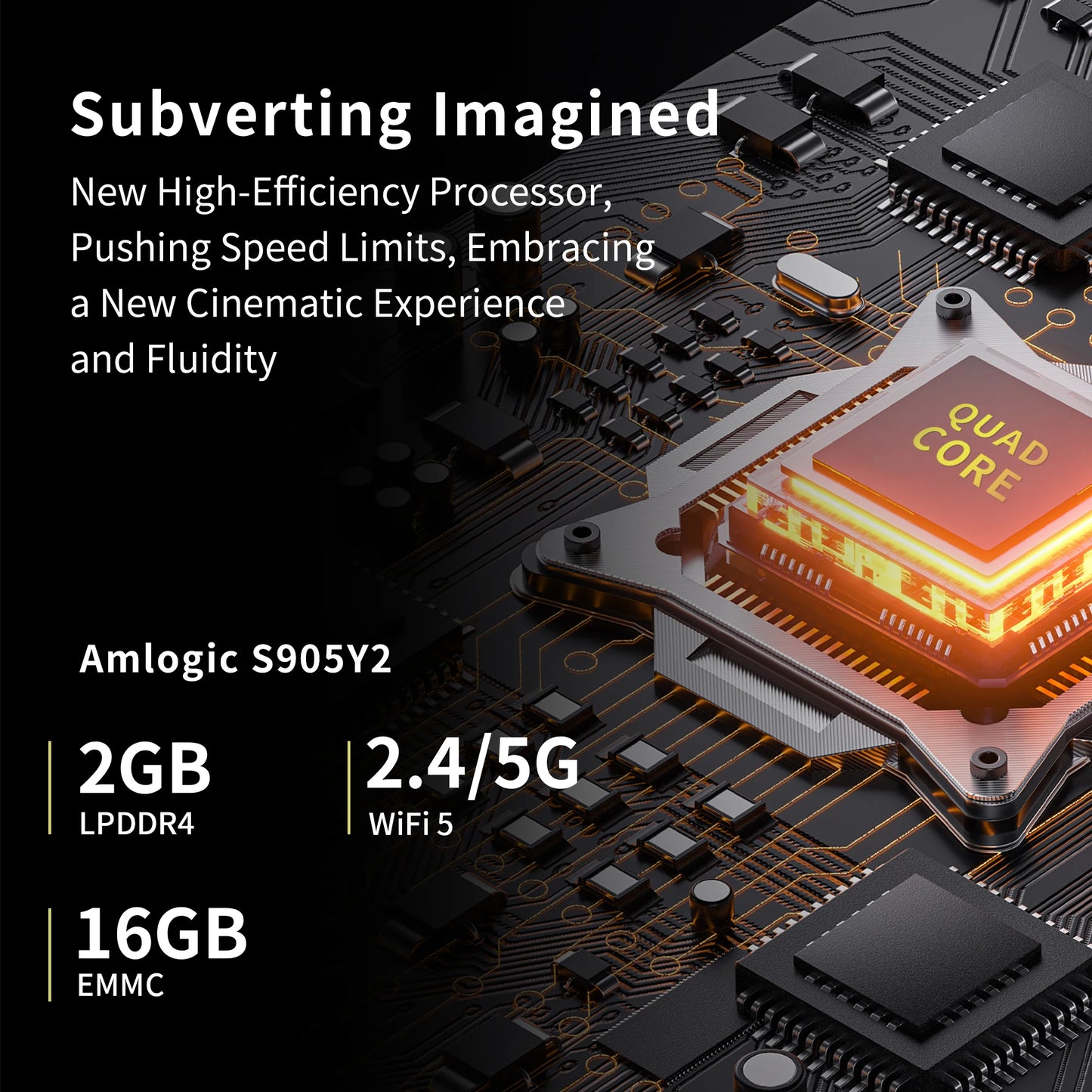 High-efficiency processor on a circuit board with text about speed limits and cinematic experience.