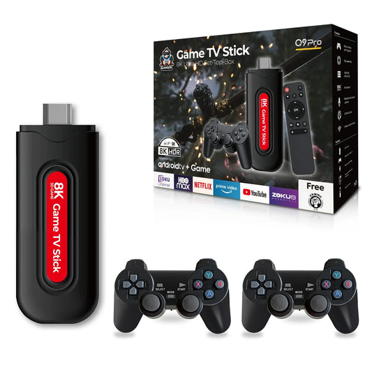 Game TV Stick with controllers and packaging on a white background