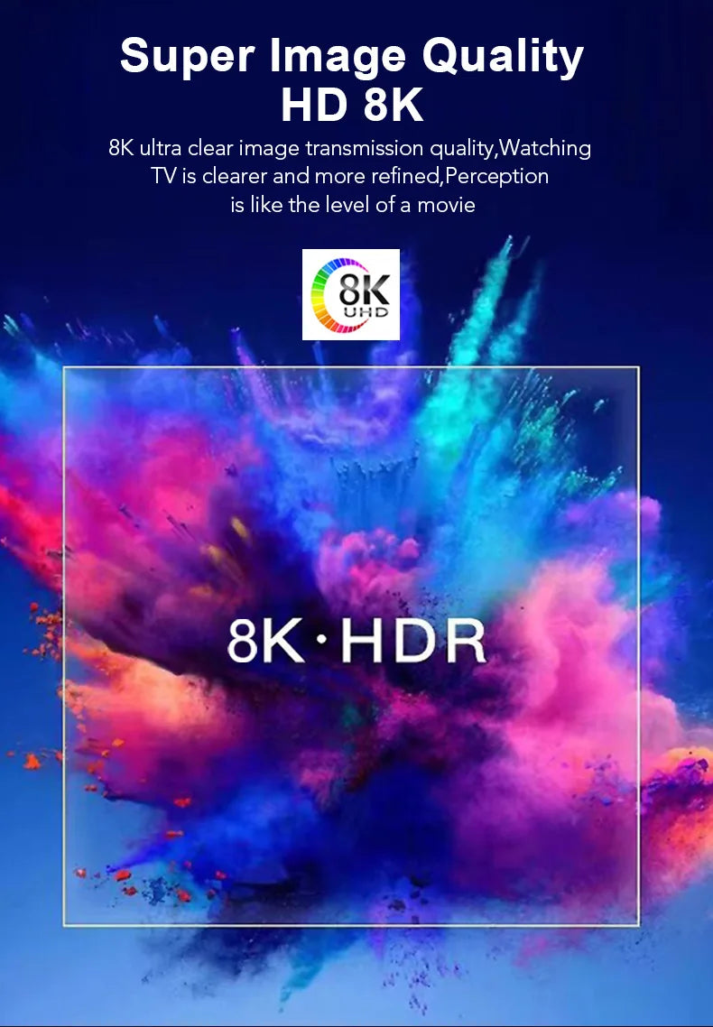 Promotional image for 8K HDR technology with colorful powder explosion and text on a dark blue background.