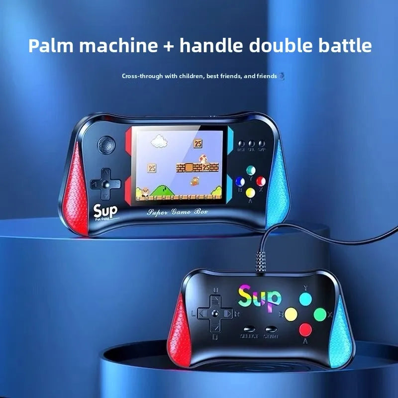 Handheld gaming console with attached handle on a blue background