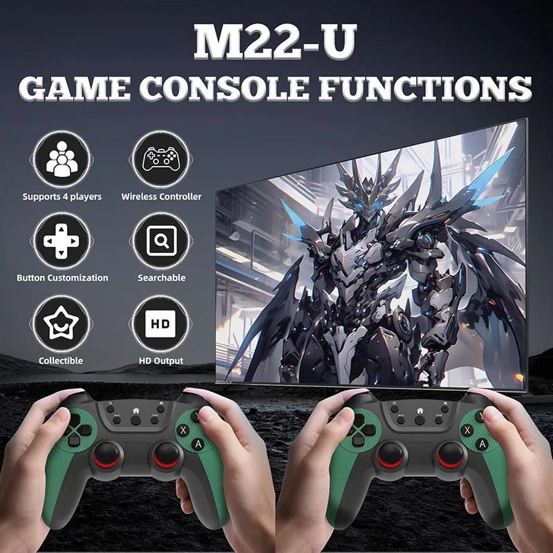 Game console with controller and game display, featuring M22-U branding.