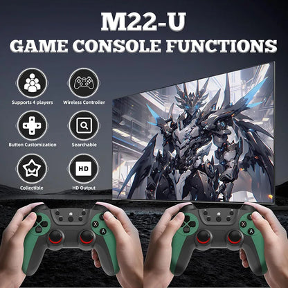 Game console with controller and game display, featuring M22-U branding.