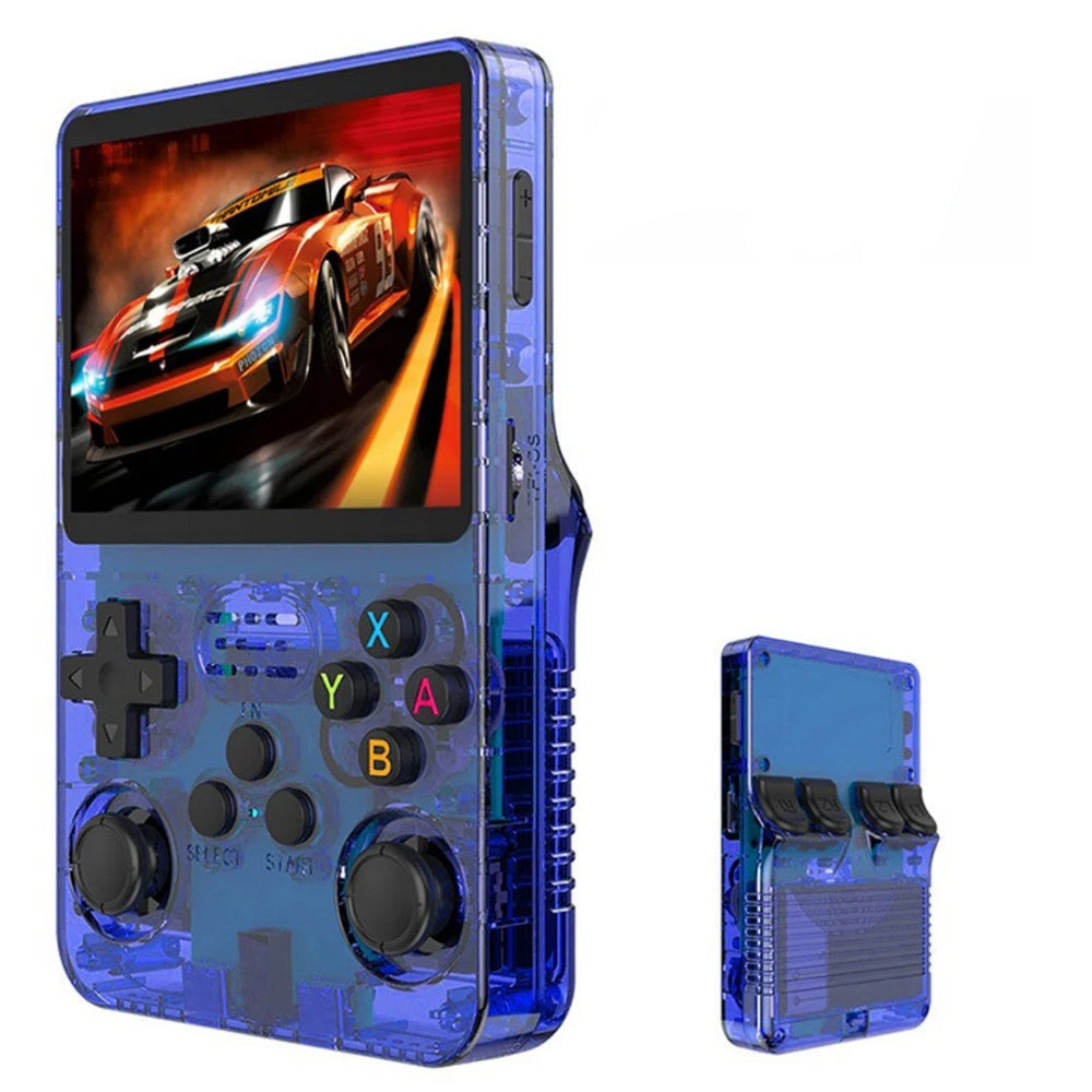 Transparent blue handheld gaming console with battery pack on a white background