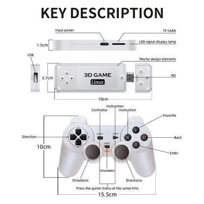 Diagram of a 3D game console with labeled parts and dimensions.