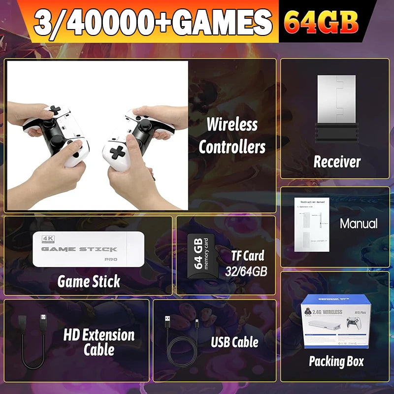 Gaming console components including controllers, receiver, game stick, TF card, extension cable, and USB cable on a colorful background.