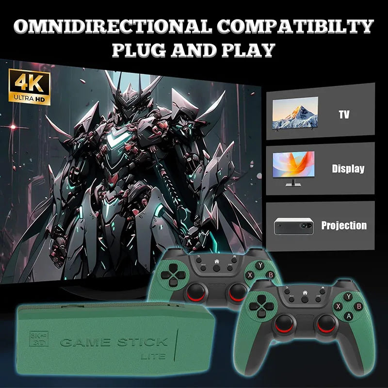 Game Stick Lite with controllers and a large screen displaying 4K Ultra HD content.